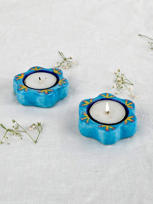 Blue Pottery T-Light Holder Set Of 2 Pcs.